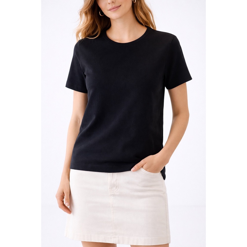 Talbots Black 100% Cotton Ribbed Short Sleeve Crew Neck Knit Top Small
